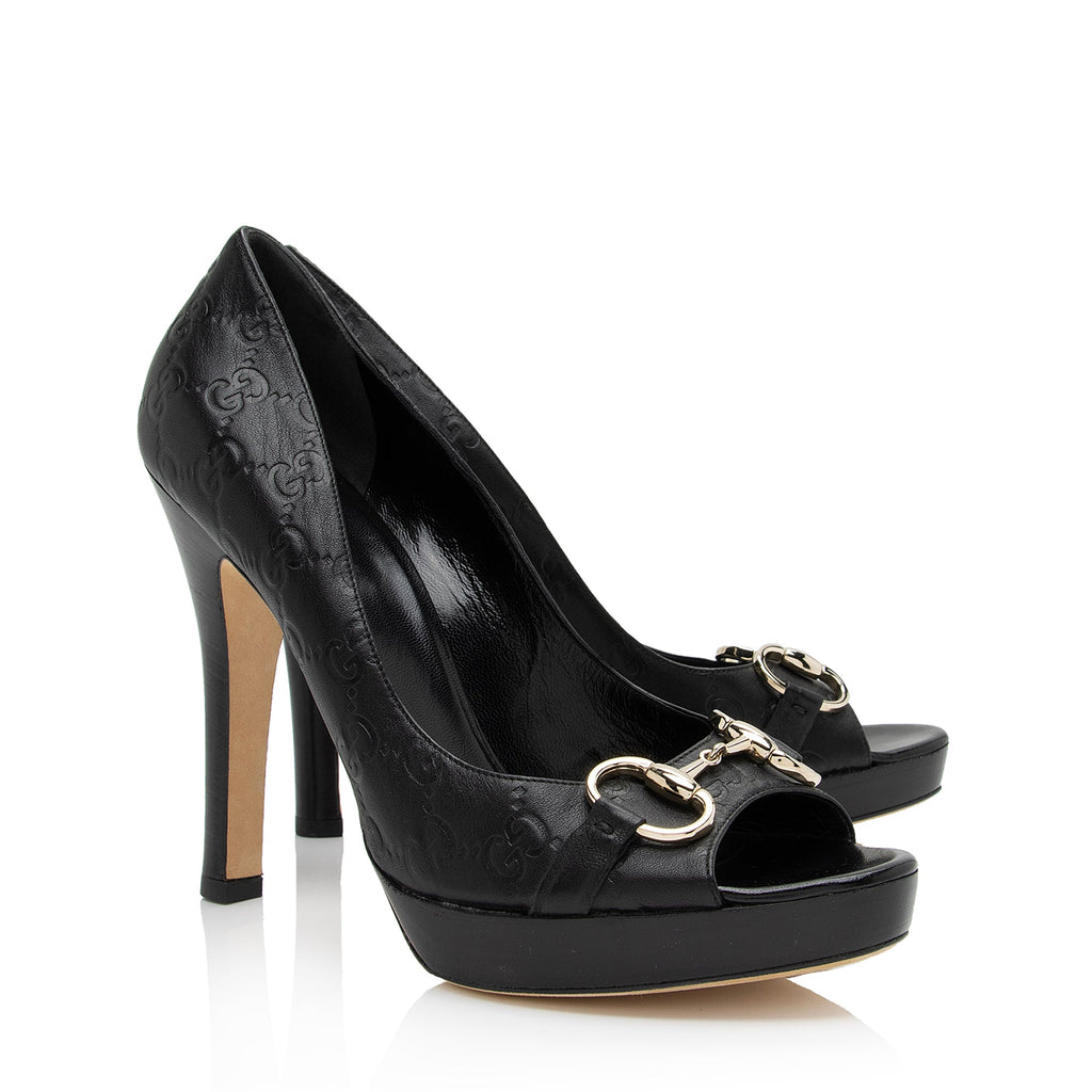 Gucci Guccissima Leather Hollywood Horsebit Peep Toe Pumps - Size 9.5 / 39.5 (SHF-AG6d9a)