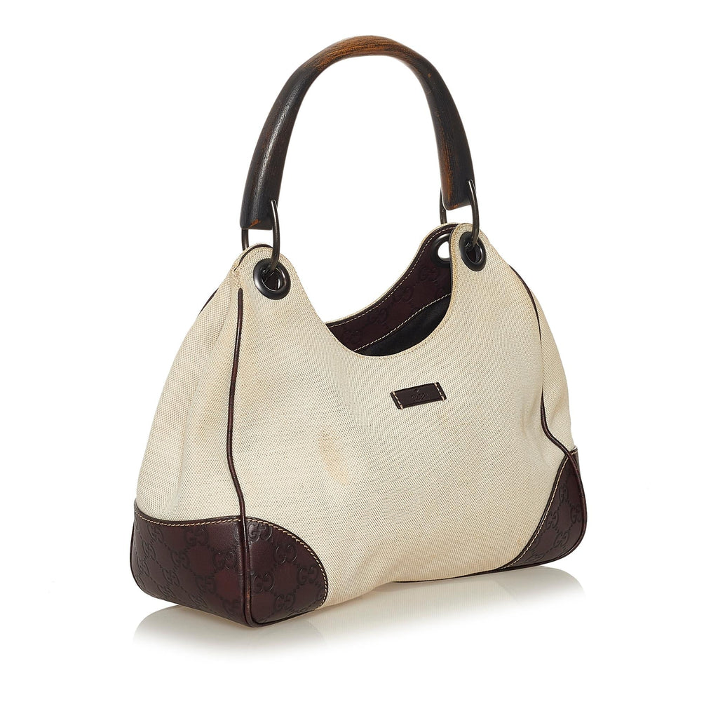 Gucci Guccissima-Trimmed Canvas Colbert Wooden Handle Shoulder Bag (SHG-34854)