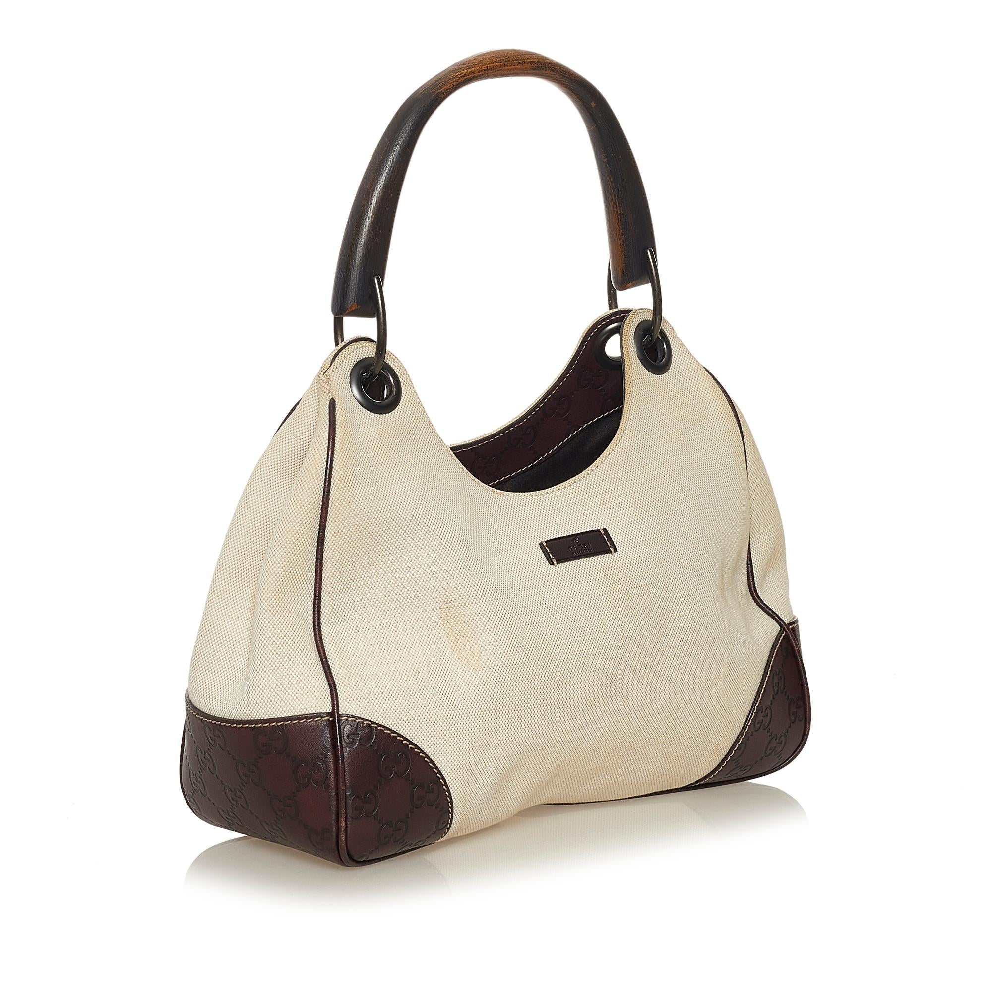 Gucci Guccissima-Trimmed Canvas Colbert Wooden Handle Shoulder Bag (SHG-34854)
