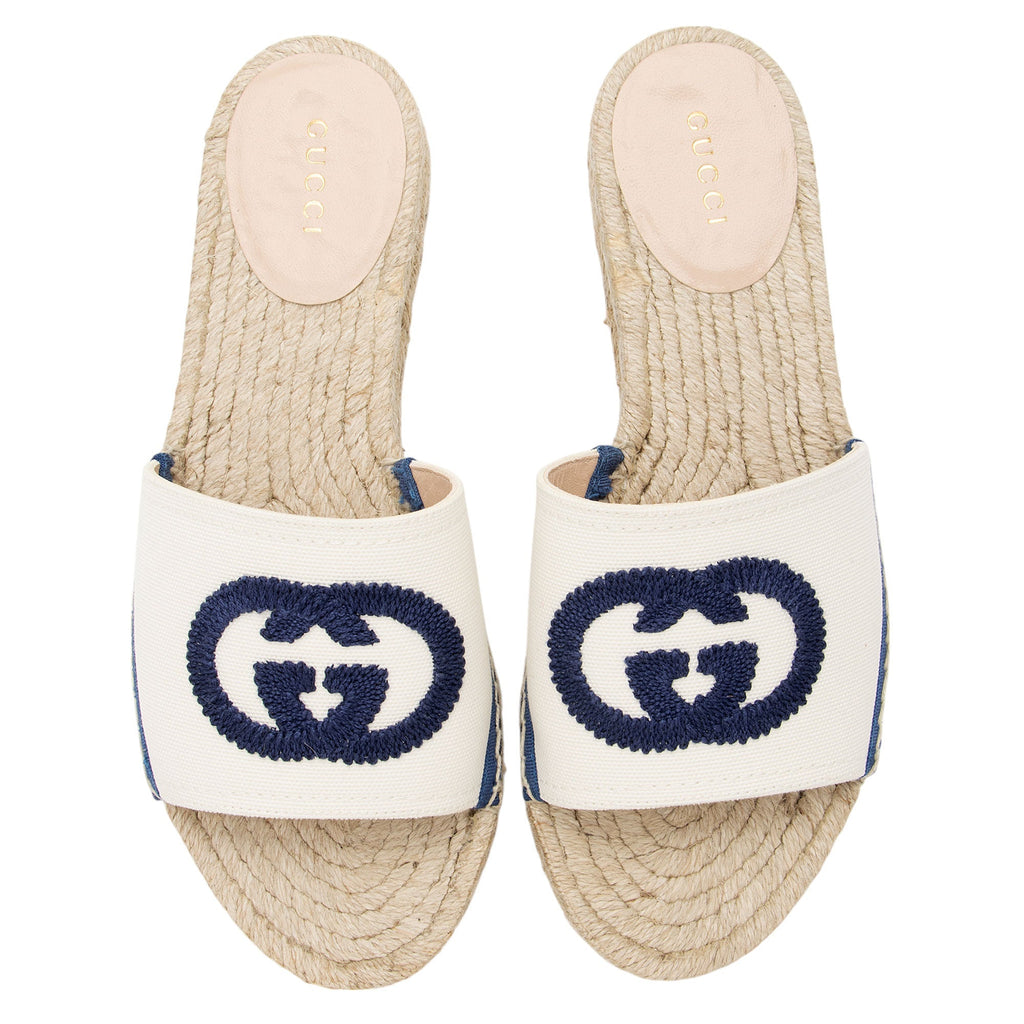 Gucci Canvas Embroidered Interlocking G Pilar Espadrille Slides - Size 6 / 36