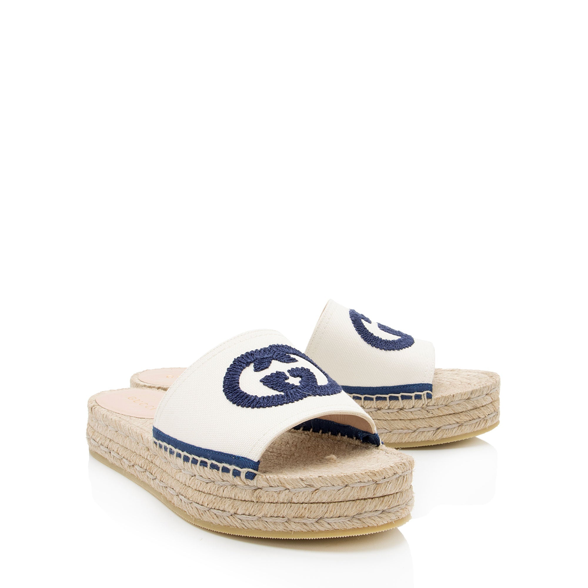 Gucci Canvas Embroidered Interlocking G Pilar Espadrille Slides - Size 6 / 36
