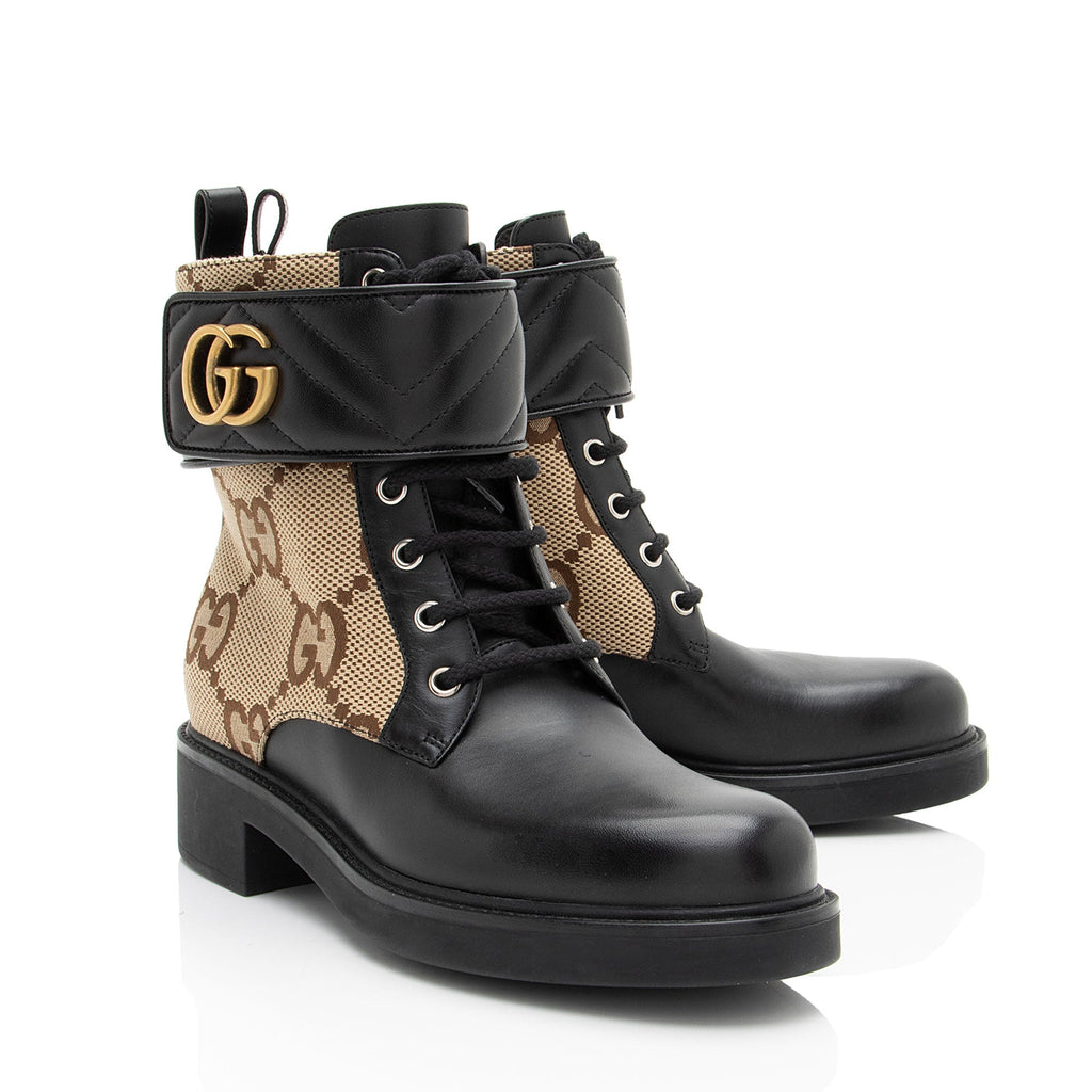 Gucci Jumbo GG Canvas Leather GG Marmont Combat Boots - Size 8.5 / 38.5