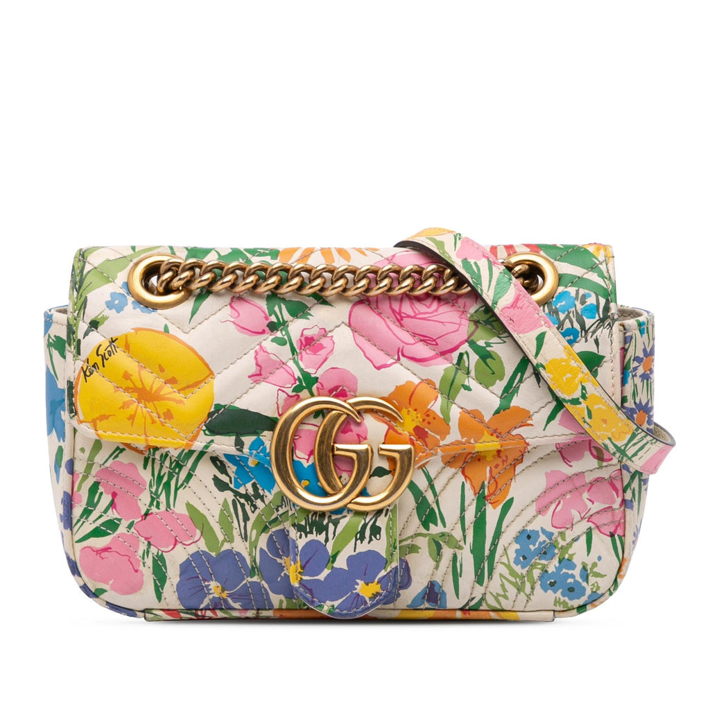 Gucci KLB Scott Mini GG Marmont Floral Printed Matelasse Leather Flap Crossbody