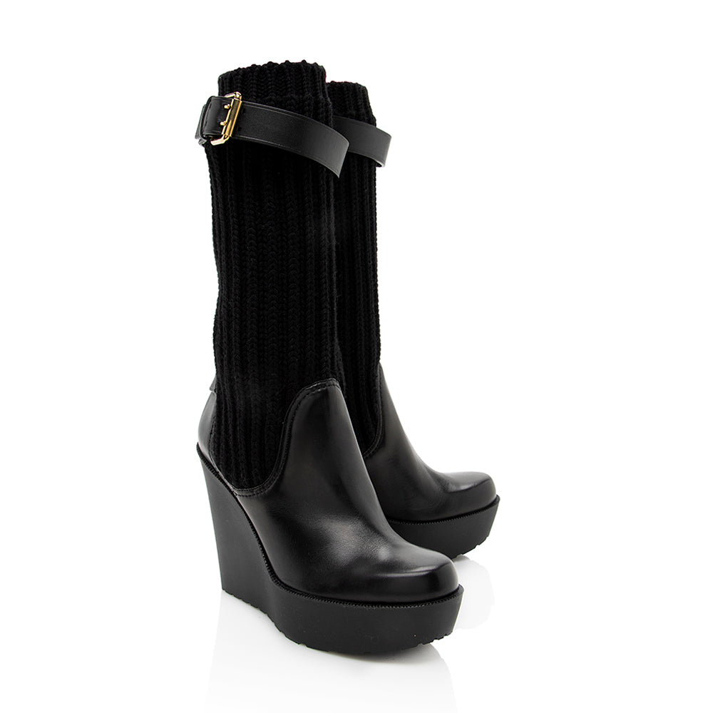 Gucci Leather Buckle Sock Wedge Boots - Size 6 / 36 (SHF-18840)