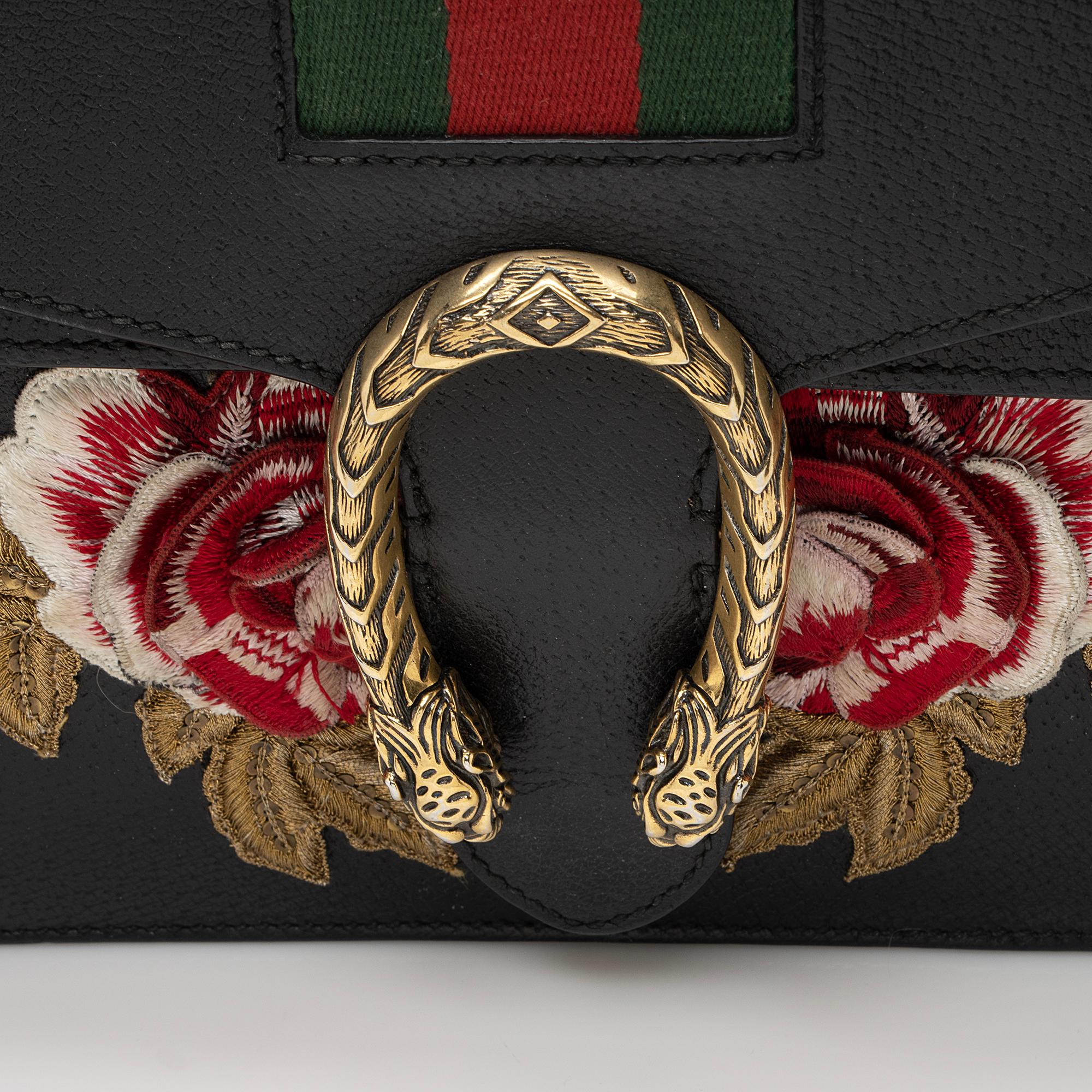 Gucci Leather Embroidered Rose Dionysus Medium Shoulder Bag (SHF-22427)
