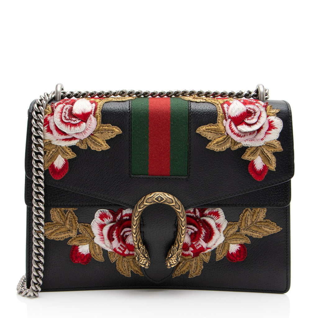 Gucci Leather Embroidered Rose Dionysus Medium Shoulder Bag (SHF-NIvfQT)