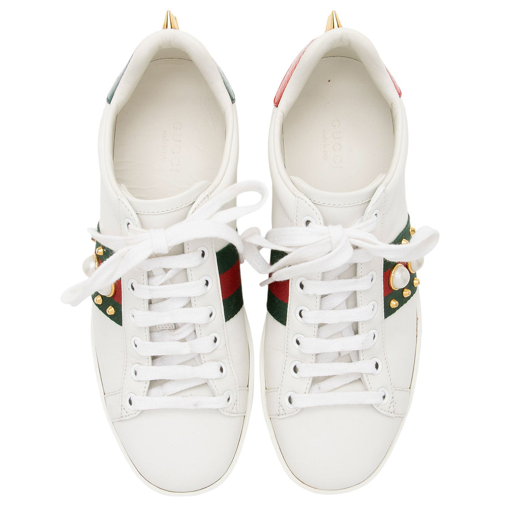 Gucci Leather Pearl Studded Web Ace Sneakers - Size 7 / 37 (SHF-gBzTiz)