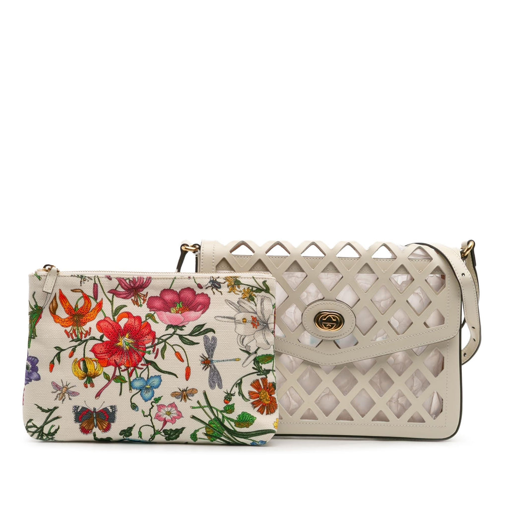 Gucci Medium Cutout Leather and Flora Canvas Traforata Flap Crossbody