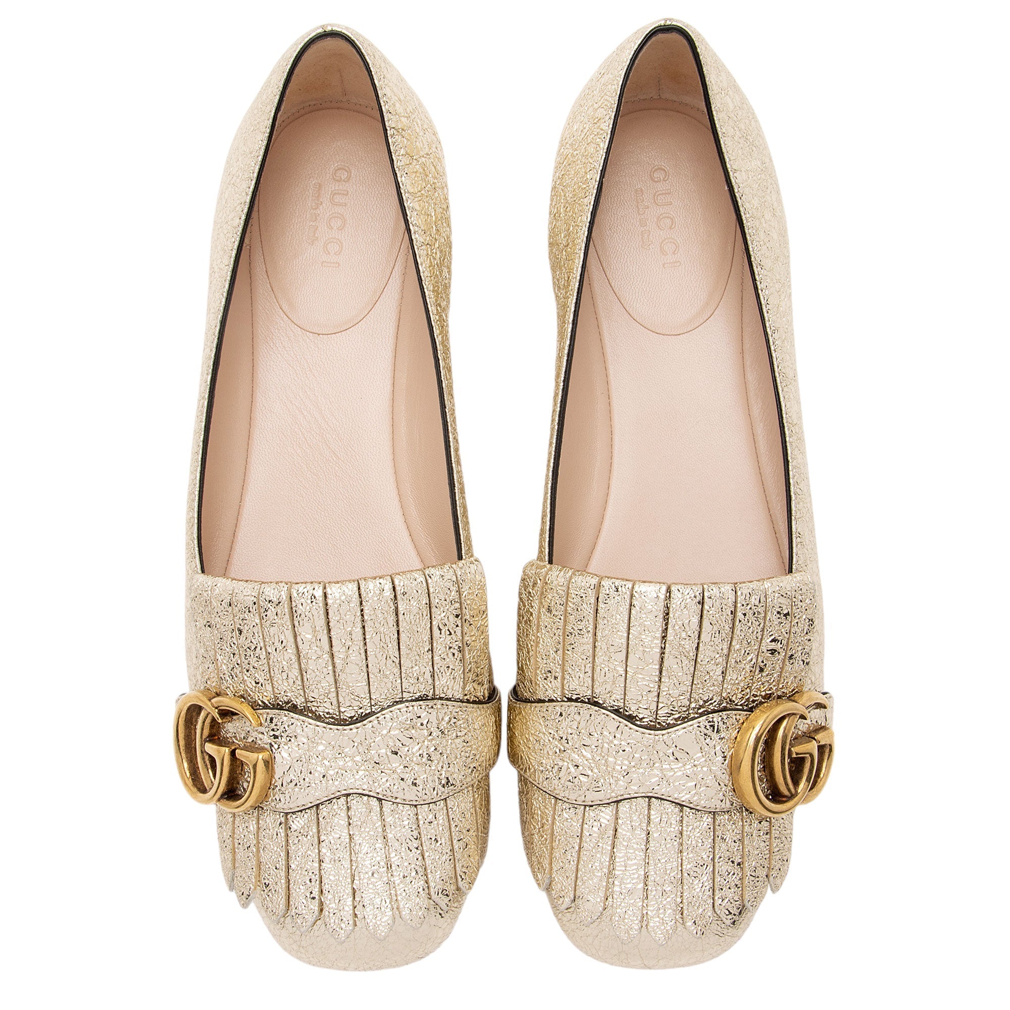 Gucci Metallic Laminate Calfskin GG Marmont Fringe Flats - Size 7 / 37 (SHF-kBjuo2)