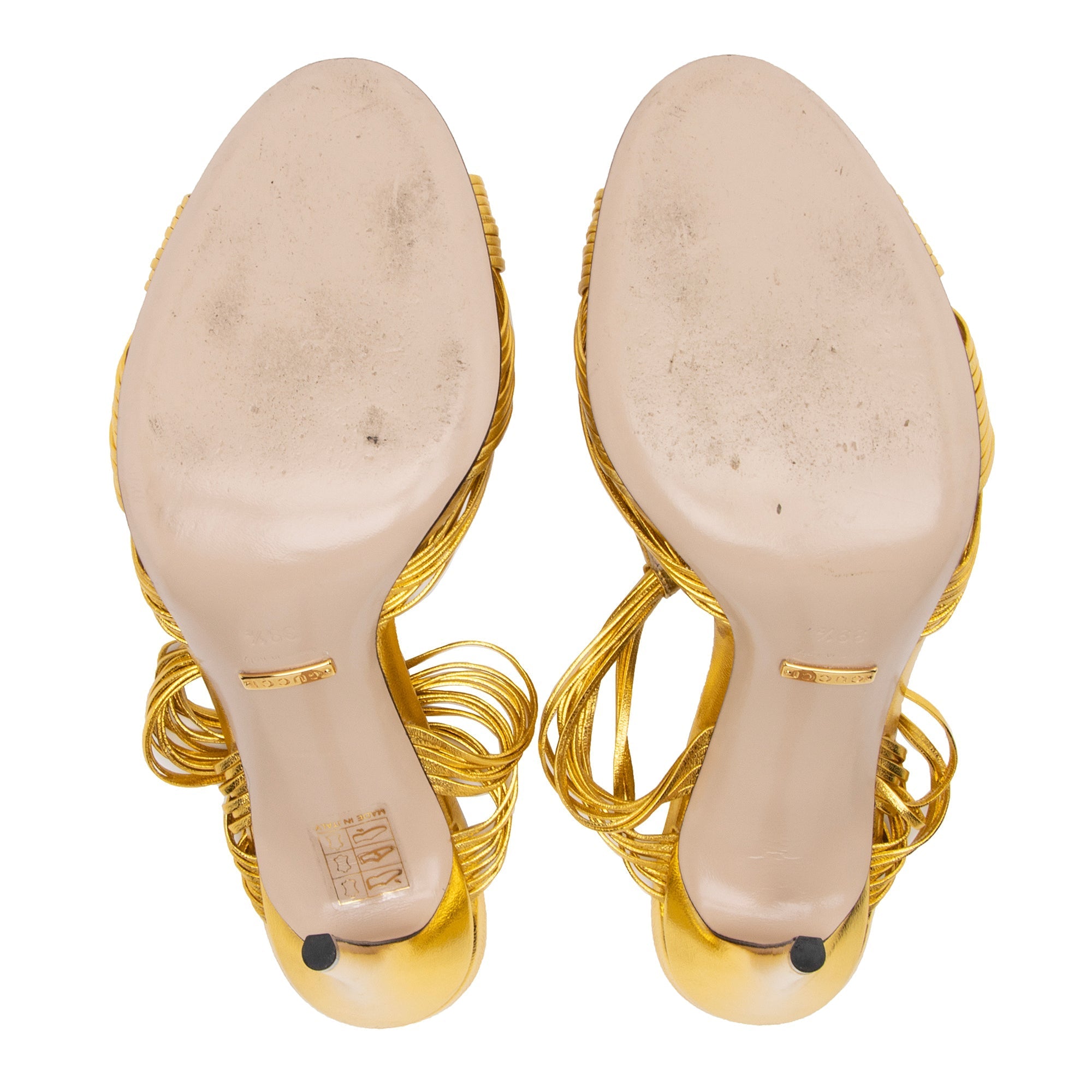 Gucci Metallic Leather Allie Knotted Strappy Sandals - Size 9.5 / 39.5 (SHF-7WQmgZ)