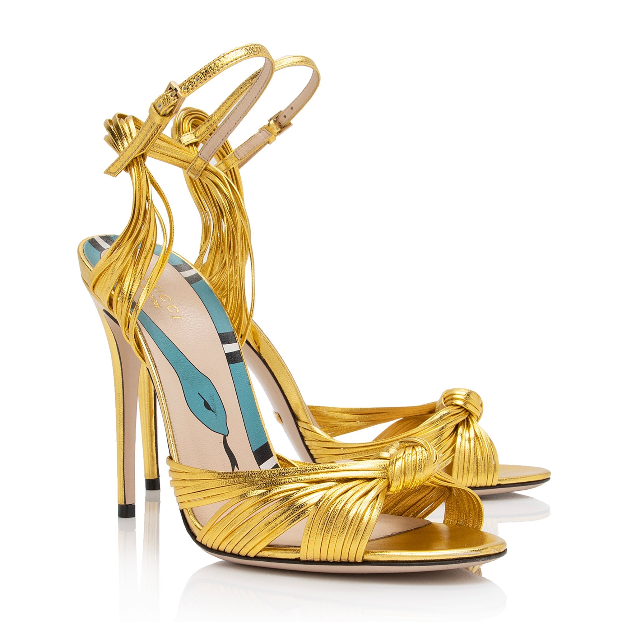 Gucci Metallic Leather Allie Knotted Strappy Sandals - Size 9.5 / 39.5 (SHF-7WQmgZ)