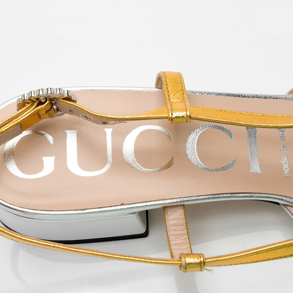 Gucci Metallic Leather Crystal Zephyra Bow Slingback Sandals - Size 8.5 / 38.5 (SHF-W0YUIU)