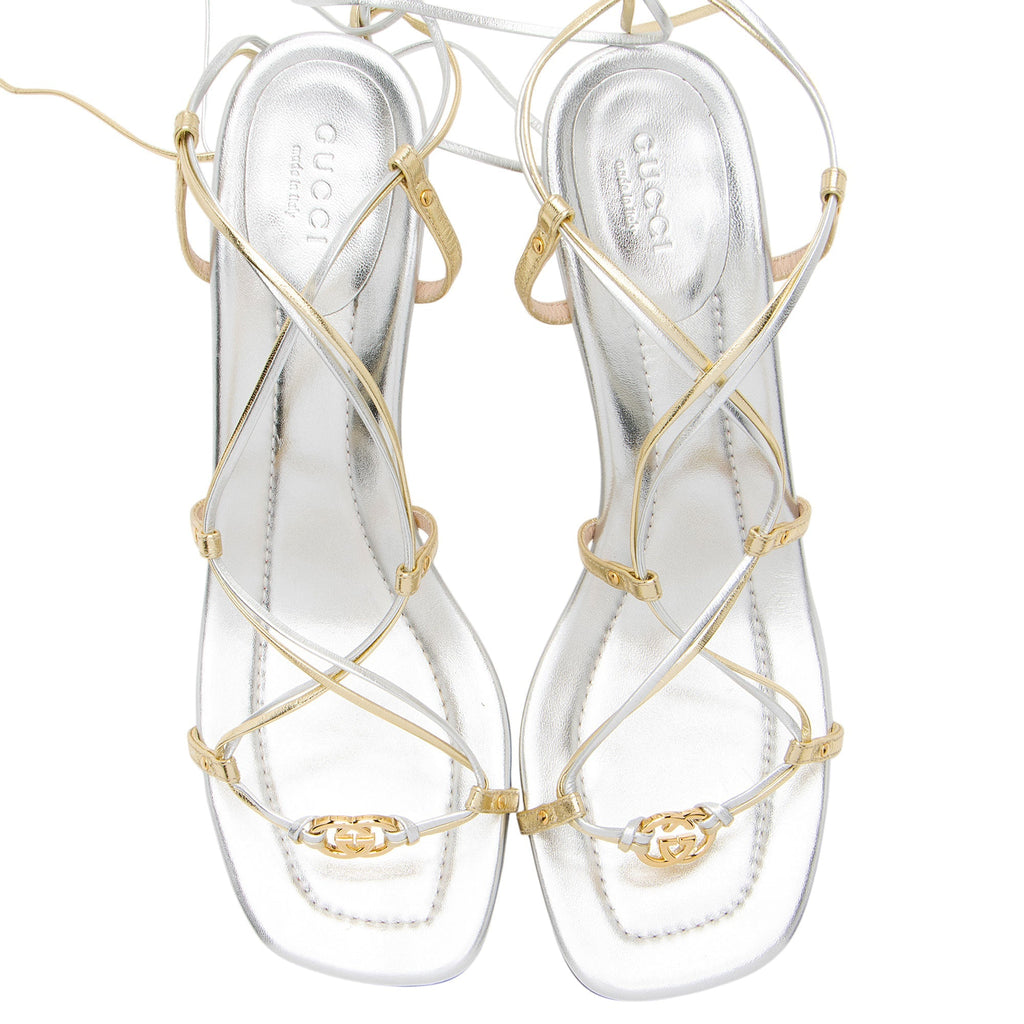 Gucci Metallic Leather Interlocking G Strappy 80 Sandals - Size 10 / 40