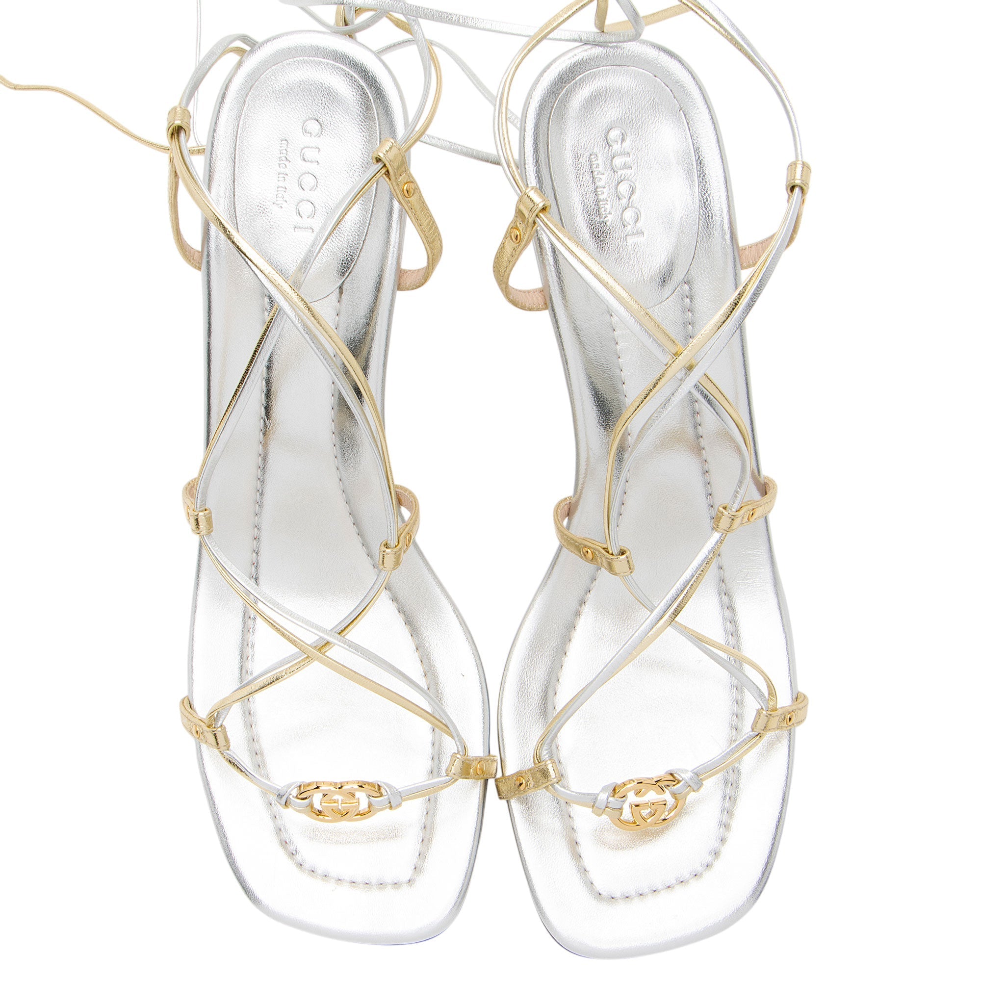Gucci Metallic Leather Interlocking G Strappy 80 Sandals - Size 10 / 40