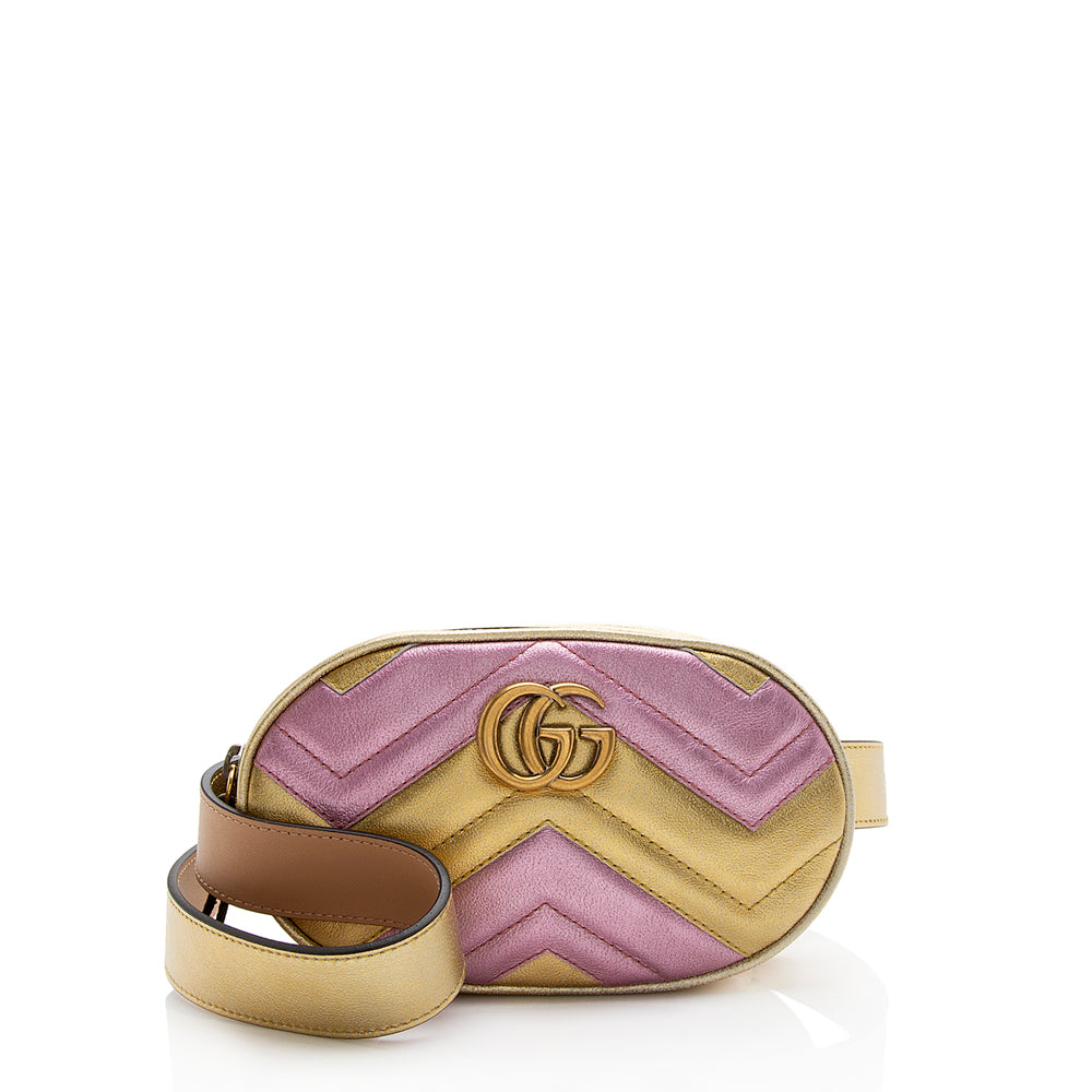 Gucci Metallic Matelasse Leather Gucci Marmont Belt Bag - Size 34 / 85 (SHF-12982)
