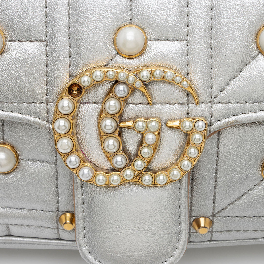 Gucci Metallic Matelasse Leather Pearl GG Marmont Mini Flap Bag - FINAL SALE (SHF-ZNLBGf)