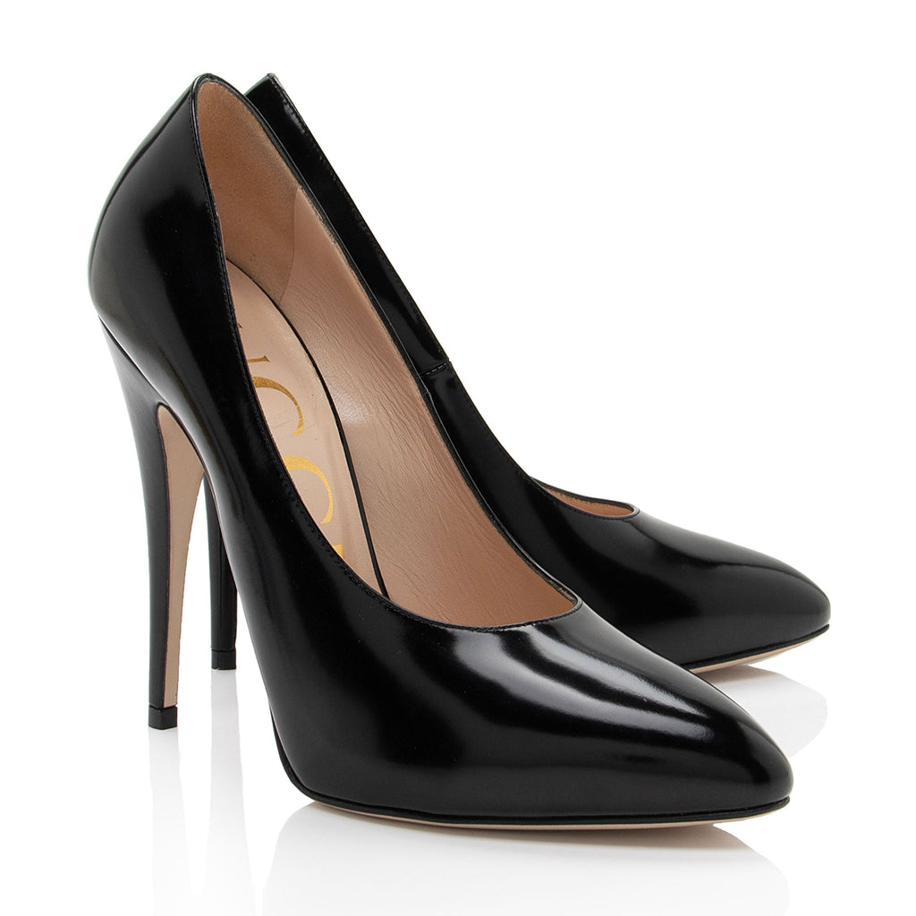 Gucci Polished Leather Removable Faux Pearl Bow Pumps - Size 7 / 37