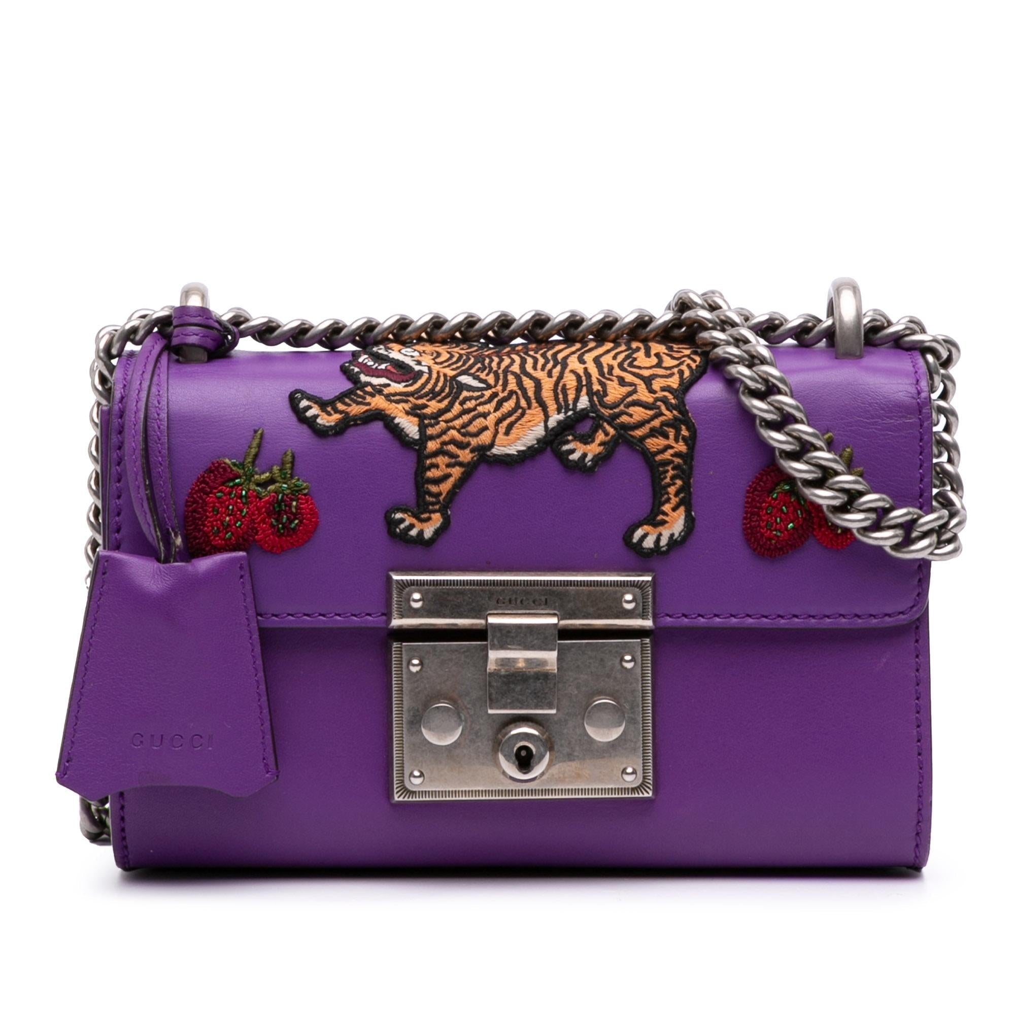 Gucci Small Embroidered Calfskin Tiger Strawberry Padlock Crossbody