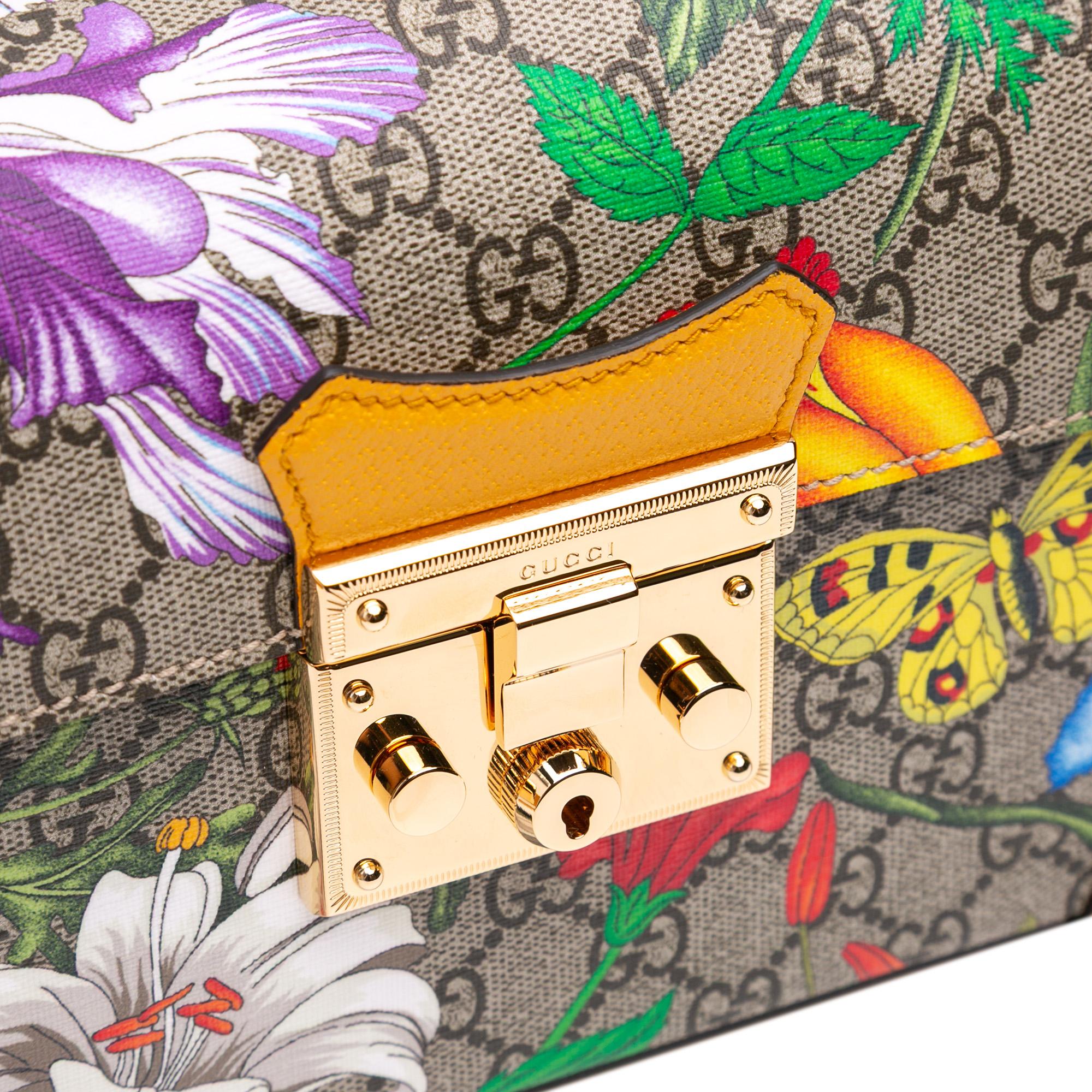Gucci Small GG Supreme Flora Bamboo Padlock Satchel