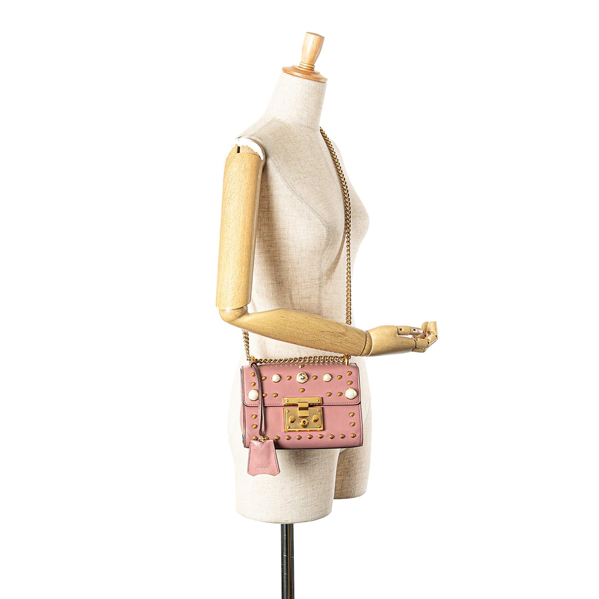 Gucci Small Pearl Studded Leather Padlock Crossbody