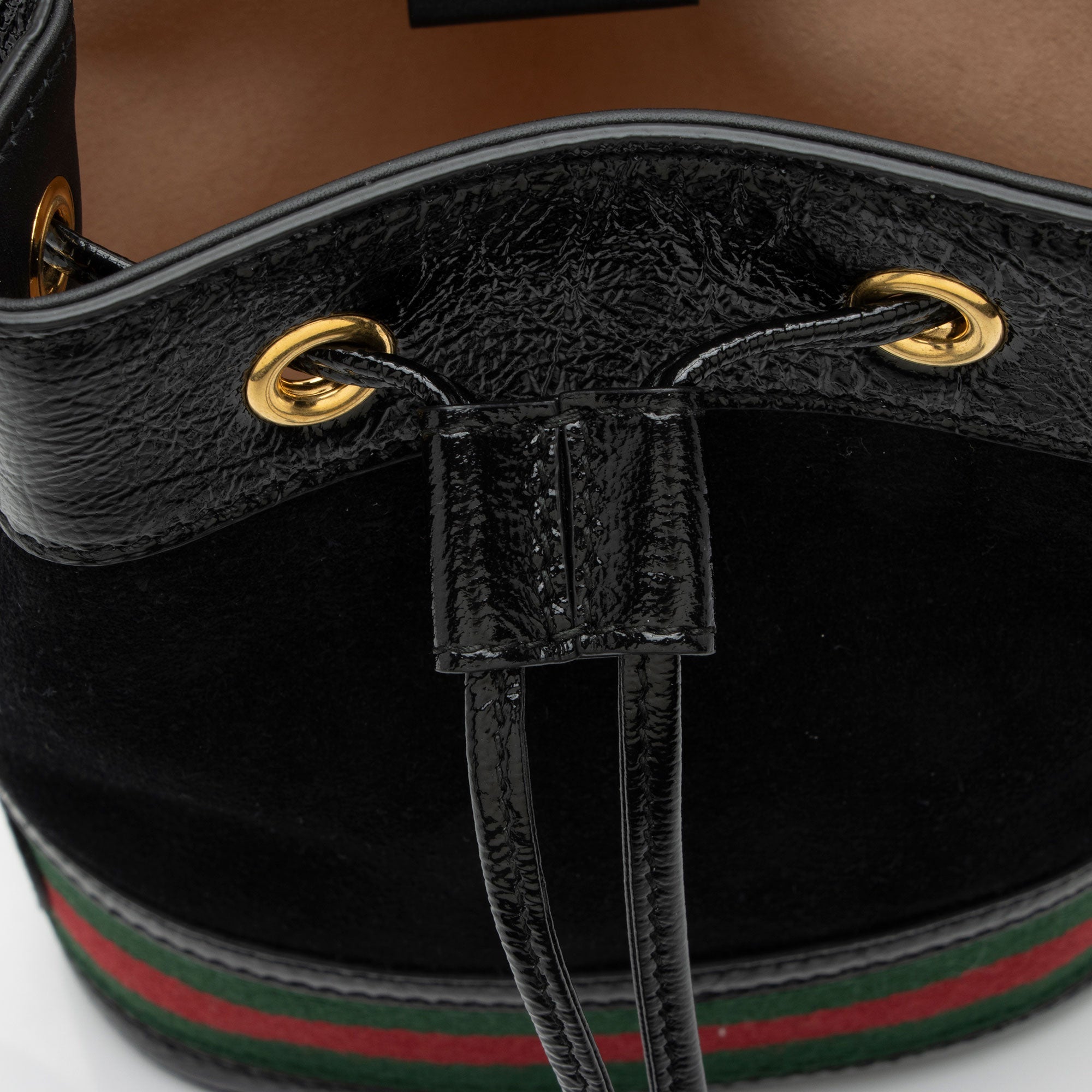 Gucci Suede Patent Leather Ophidia Mini Bucket Bag (SHF-2h2Hru)