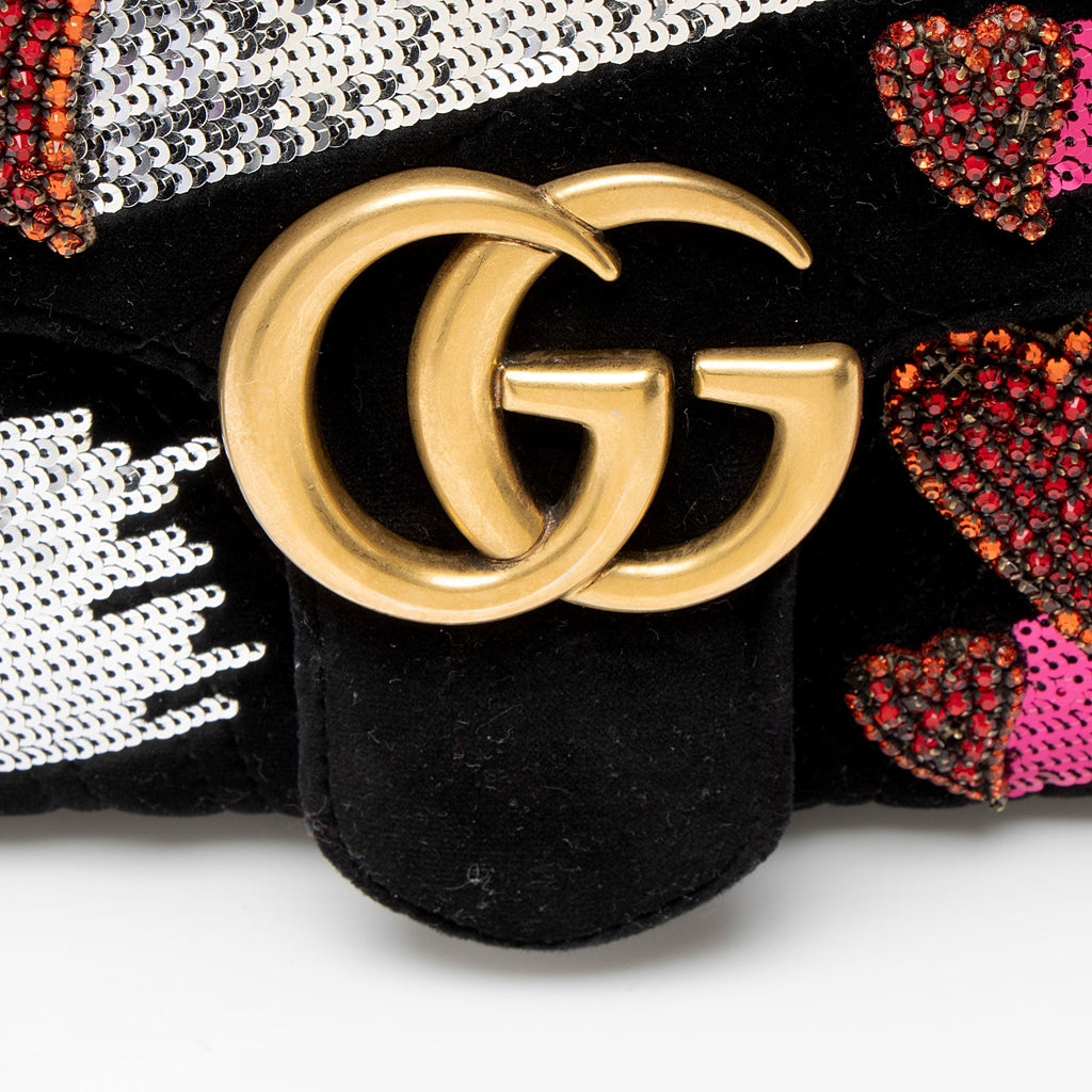 Gucci Velvet Embellished Hearts GG Marmont Medium Flap Bag