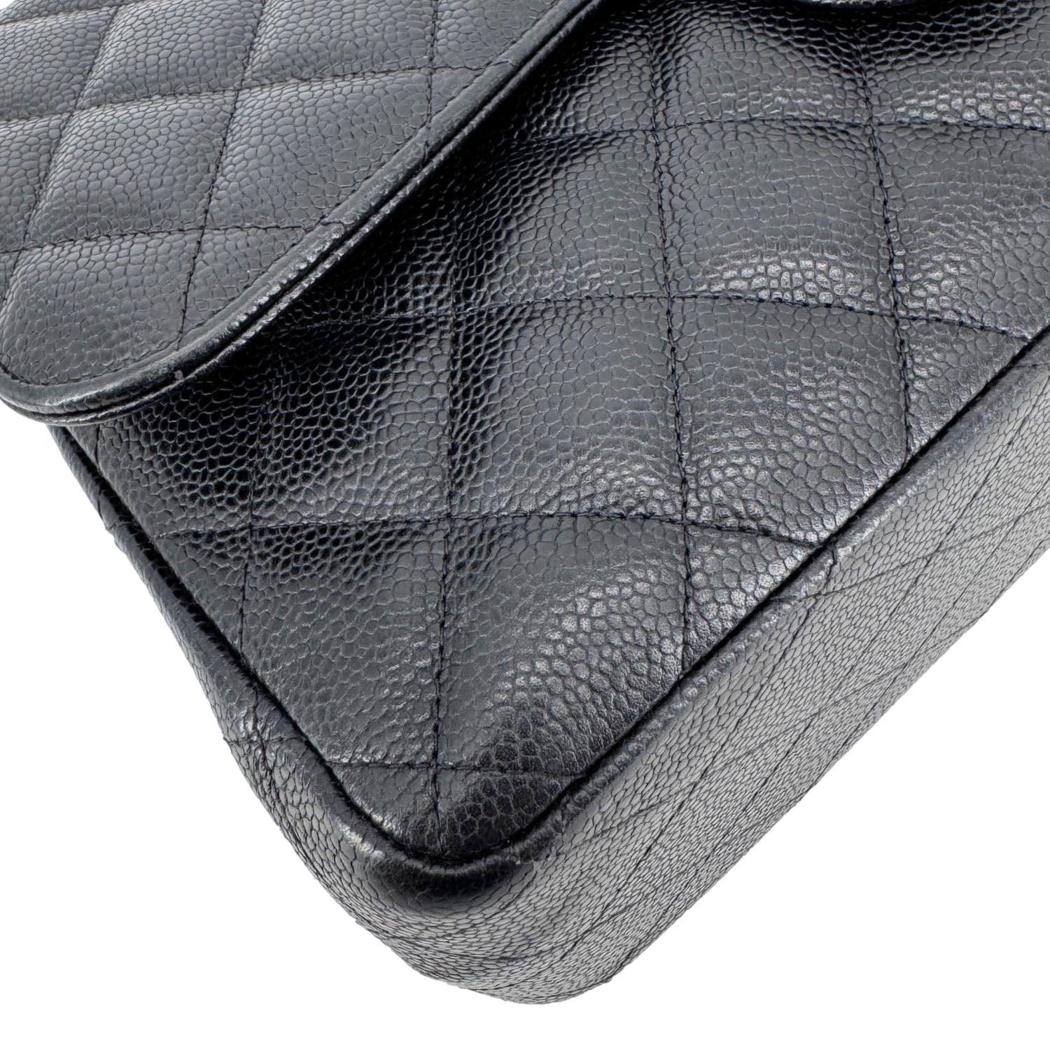 Chanel Classic Jumbo Double Flap Quilted Caviar Leather Shoulder Bag Black