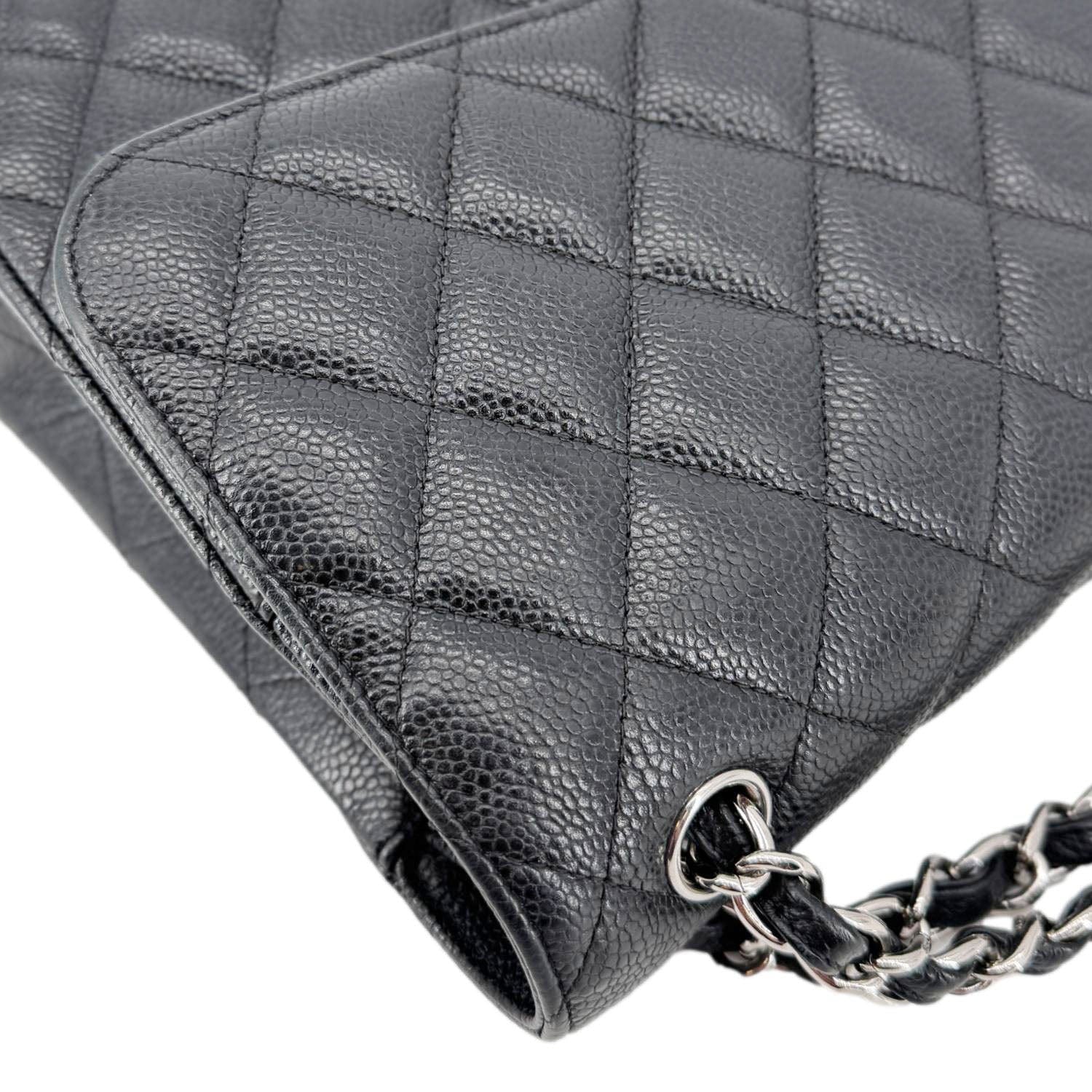 Chanel Classic Jumbo Double Flap Quilted Caviar Leather Shoulder Bag Black