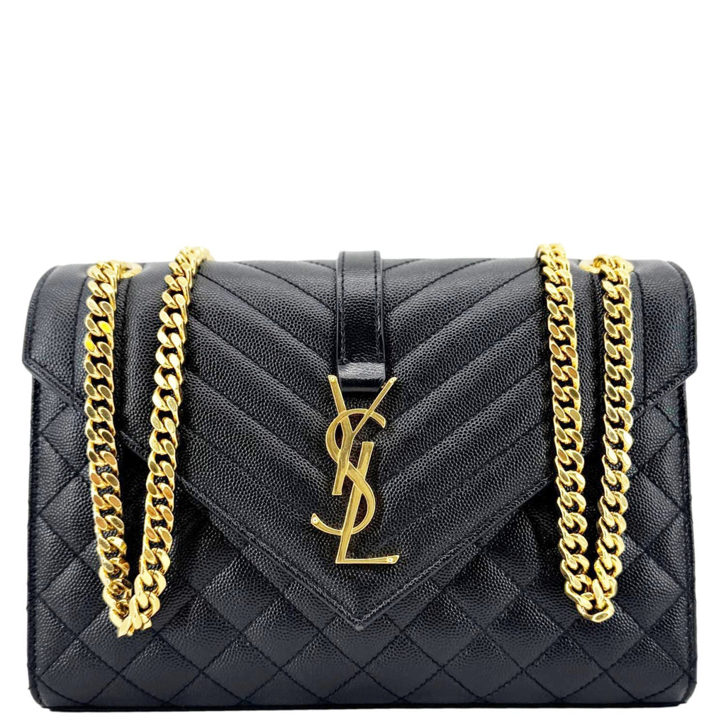YVES SAINT LAURENT Envelope Flap Quilted Caviar Leather Chain Shoulder Bag Black