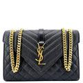 YVES SAINT LAURENT Envelope Flap Quilted Caviar Leather Chain Shoulder Bag Black