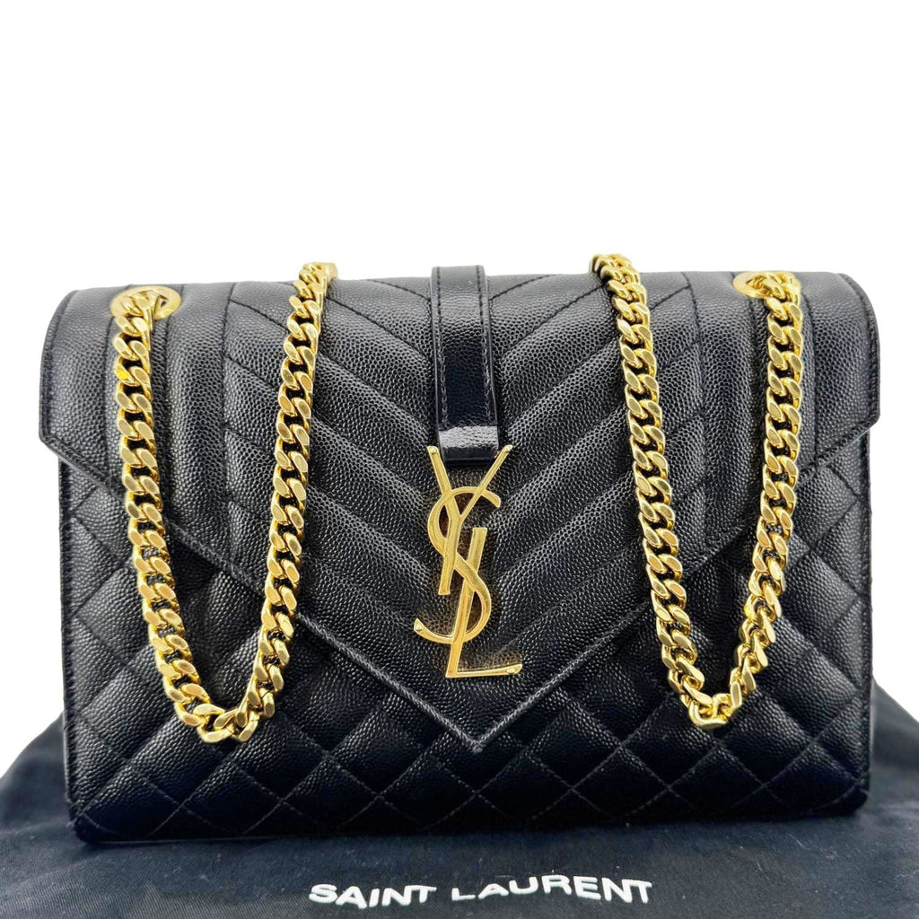 YVES SAINT LAURENT Envelope Flap Quilted Caviar Leather Chain Shoulder Bag Black