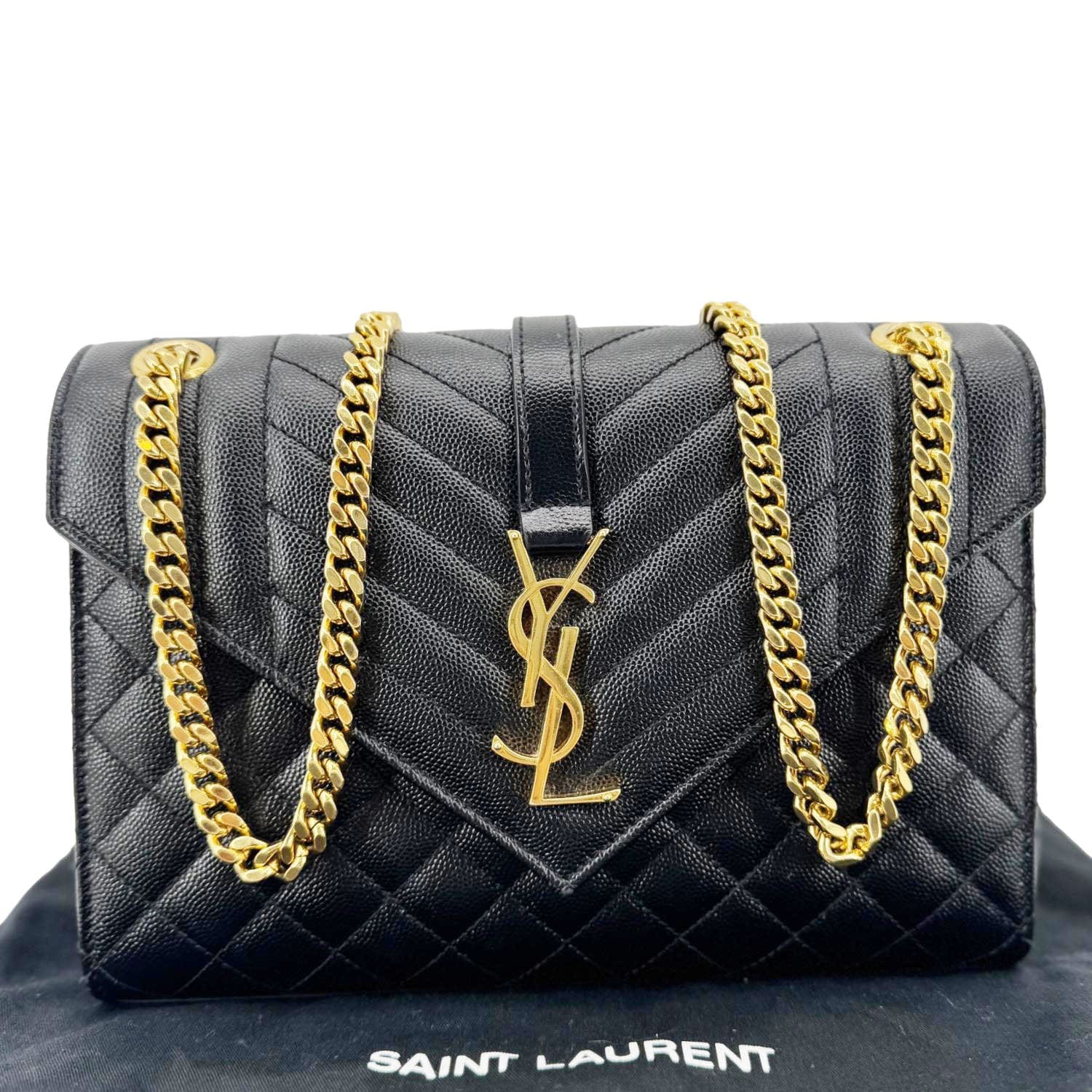 YVES SAINT LAURENT Envelope Flap Quilted Caviar Leather Chain Shoulder Bag Black