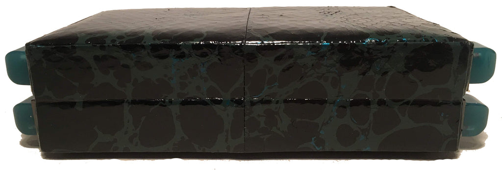 Tonya Hawkes Black Teal and Green Leather Paint Splatter Convertible Clutch