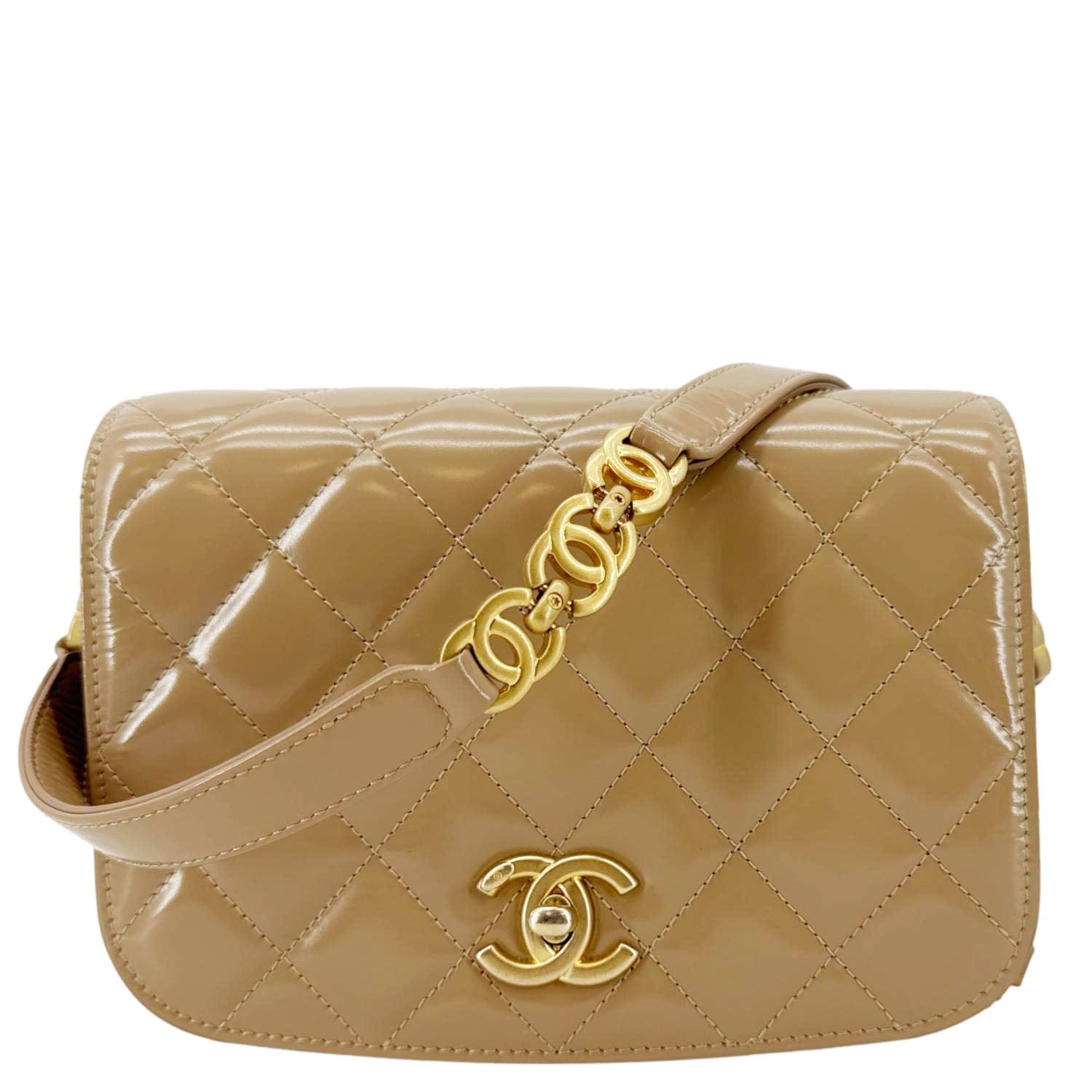 Chanel My Sweet CC Shiny Quilted Calfskin Leather Shoulder Bag Beige