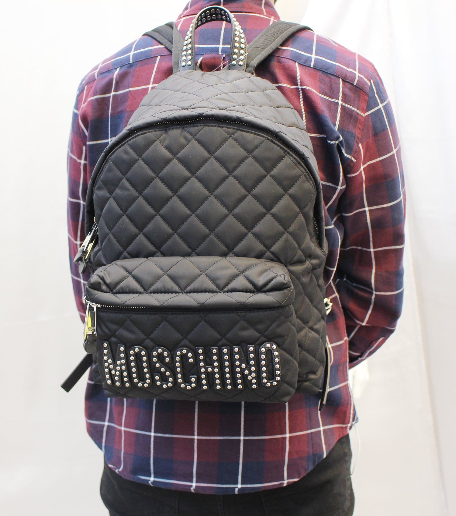 Moschino Women Large Studded Quilted Nylon Black Backpack - Sale