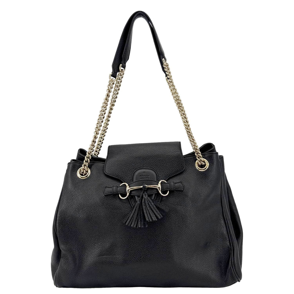 GUCCI Emily Pebbled Leather Chain Shoulder Bag Black 336757