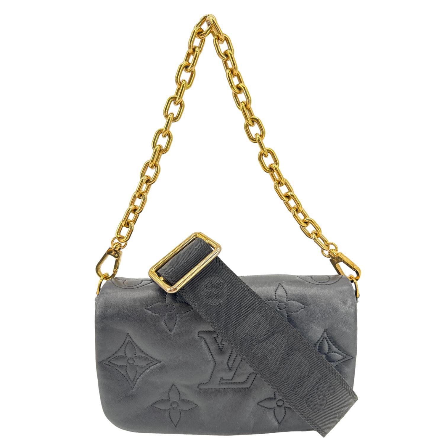 LOUIS VUITTON Calfskin Bubblegram Leather Wallet on Strap Bag Black
