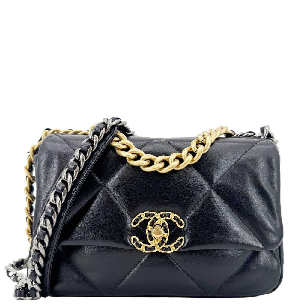 Chanel 19 Flap Shiny Lambskin Leather Shoulder Bag Black