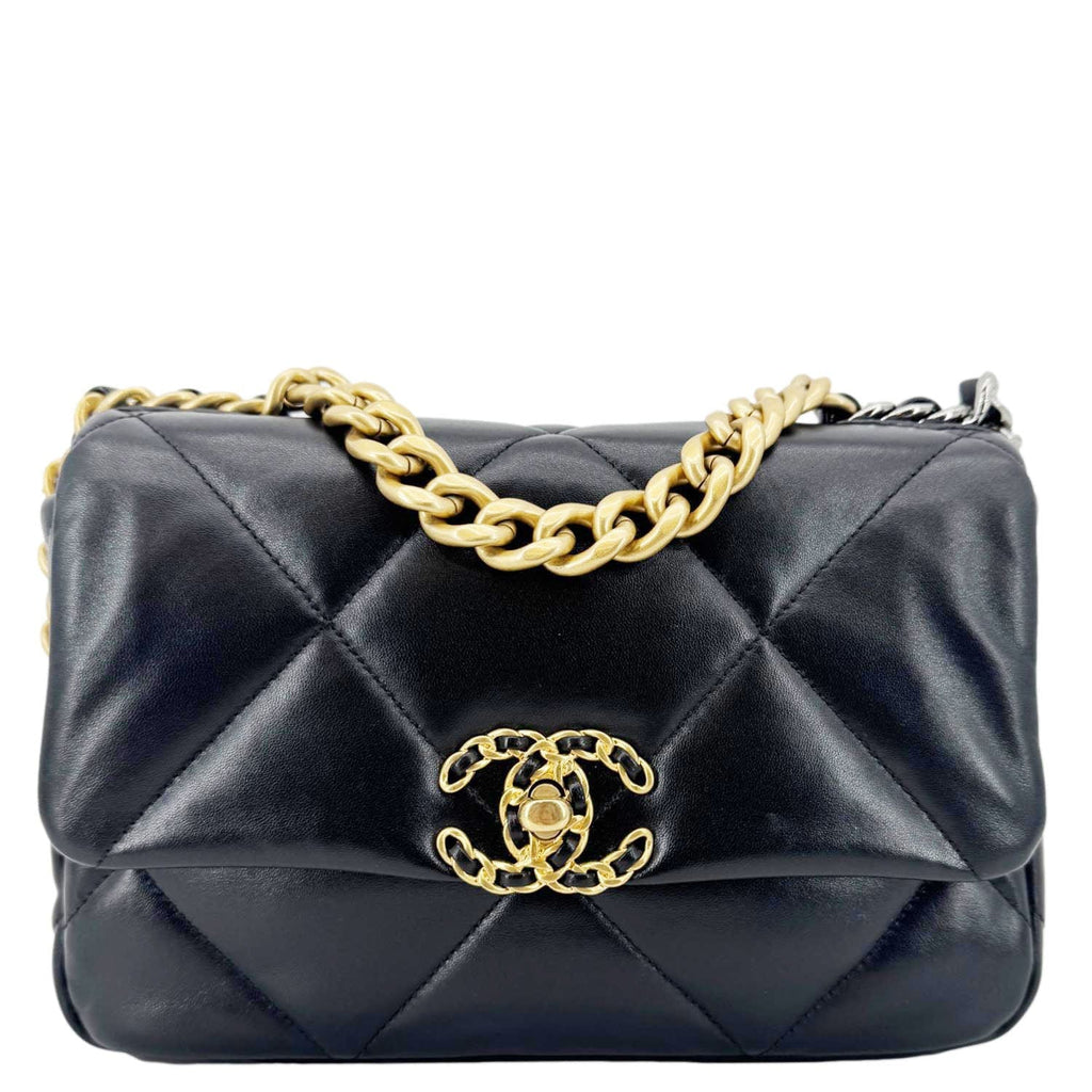 Chanel 19 Flap Shiny Lambskin Leather Shoulder Bag Black