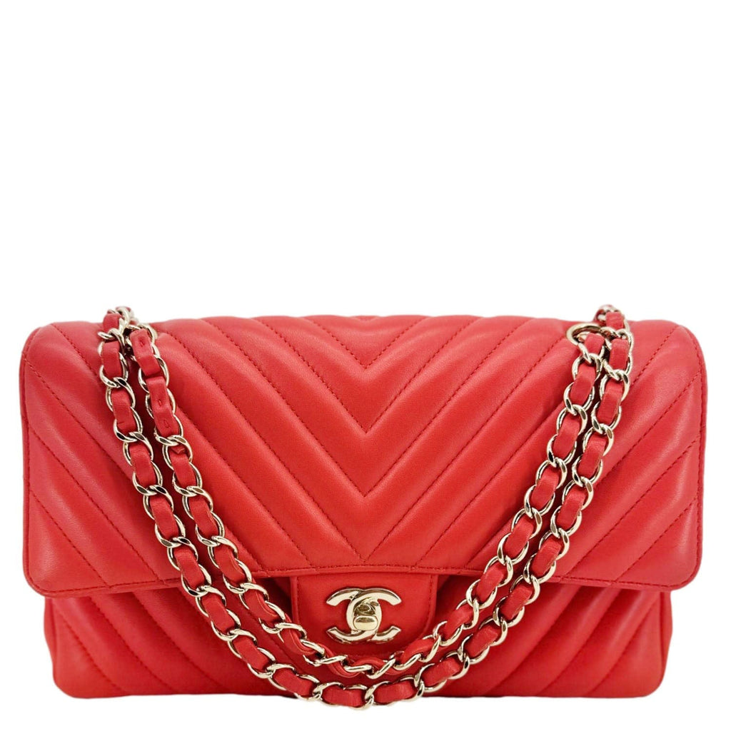 Chanel Classic Double Flap Medium Chevron Leather Shoulder Bag Orange