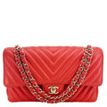 Chanel Classic Double Flap Medium Chevron Leather Shoulder Bag Orange