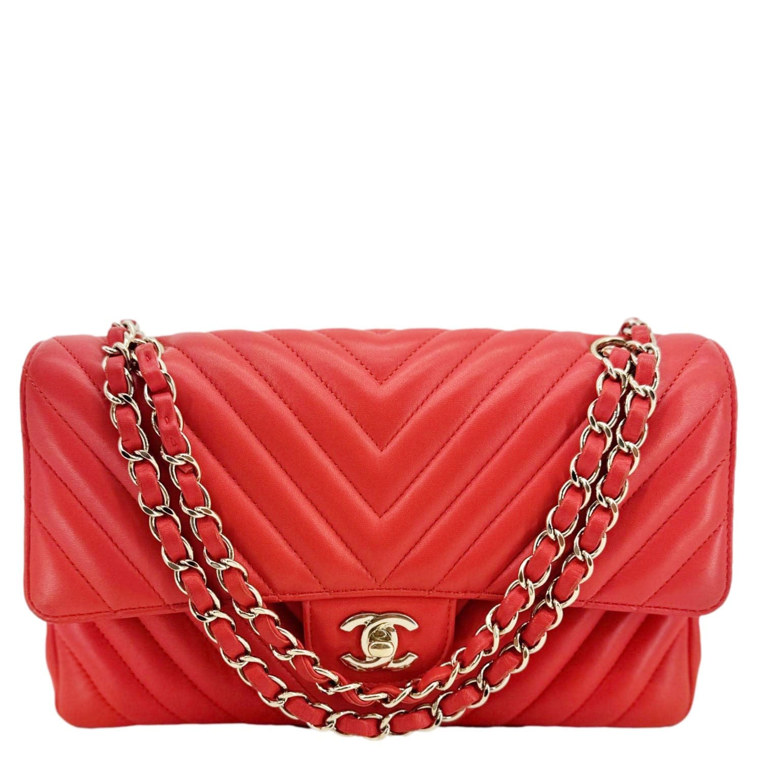 Chanel Classic Double Flap Medium Chevron Leather Shoulder Bag Orange