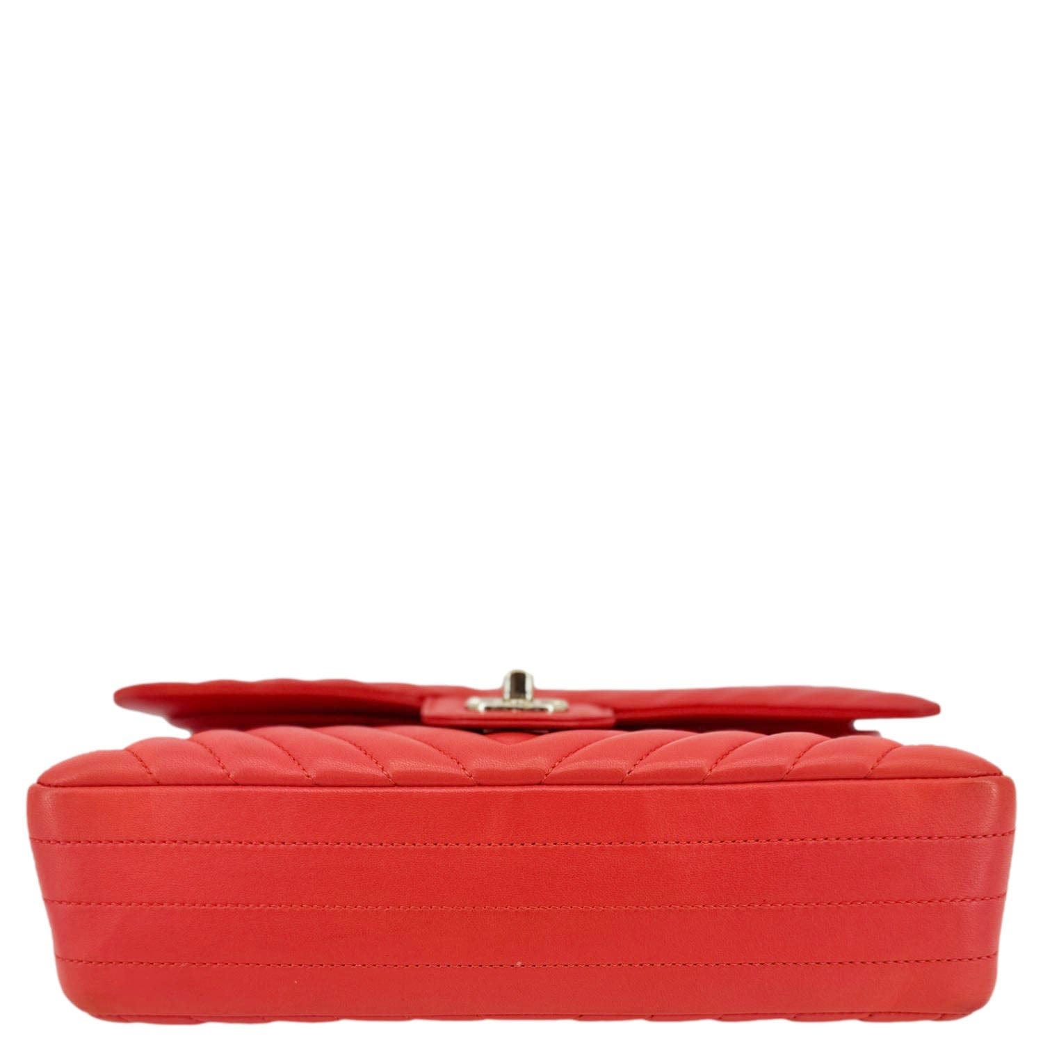 Chanel Classic Double Flap Medium Chevron Leather Shoulder Bag Orange