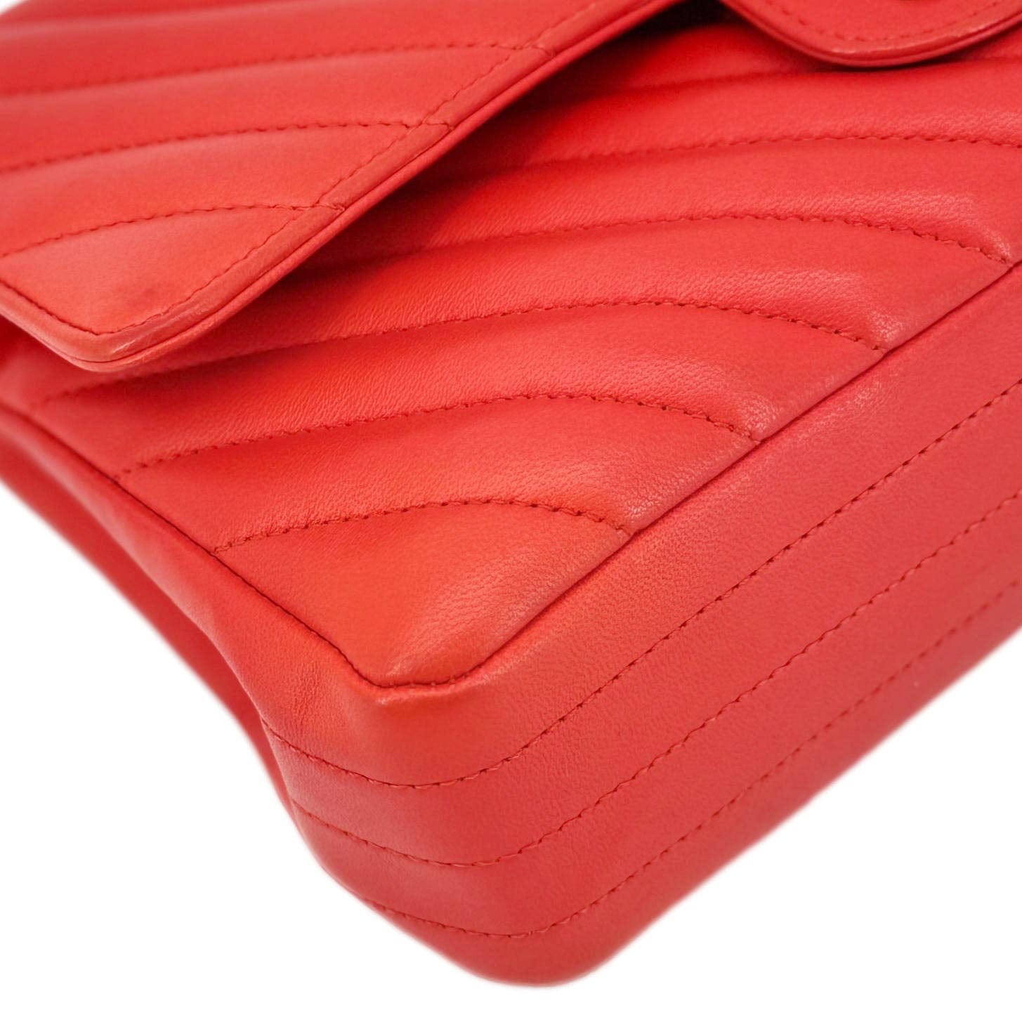 Chanel Classic Double Flap Medium Chevron Leather Shoulder Bag Orange