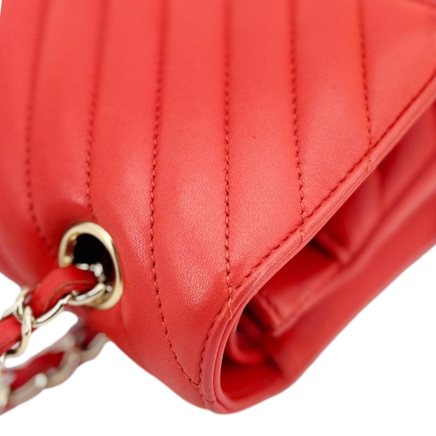 Chanel Classic Double Flap Medium Chevron Leather Shoulder Bag Orange