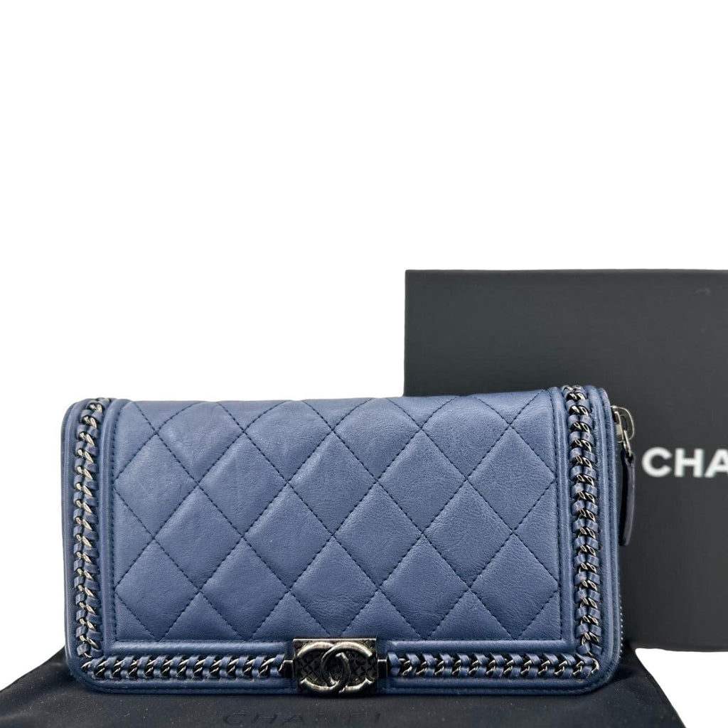 Chanel Boy Quilted Calfskin Leather Zip Around Wallet Blue