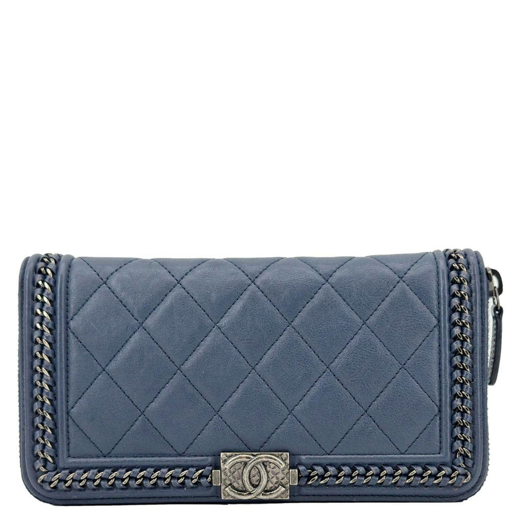 Chanel Boy Quilted Calfskin Leather Zip Around Wallet Blue