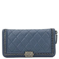 Chanel Boy Quilted Calfskin Leather Zip Around Wallet Blue