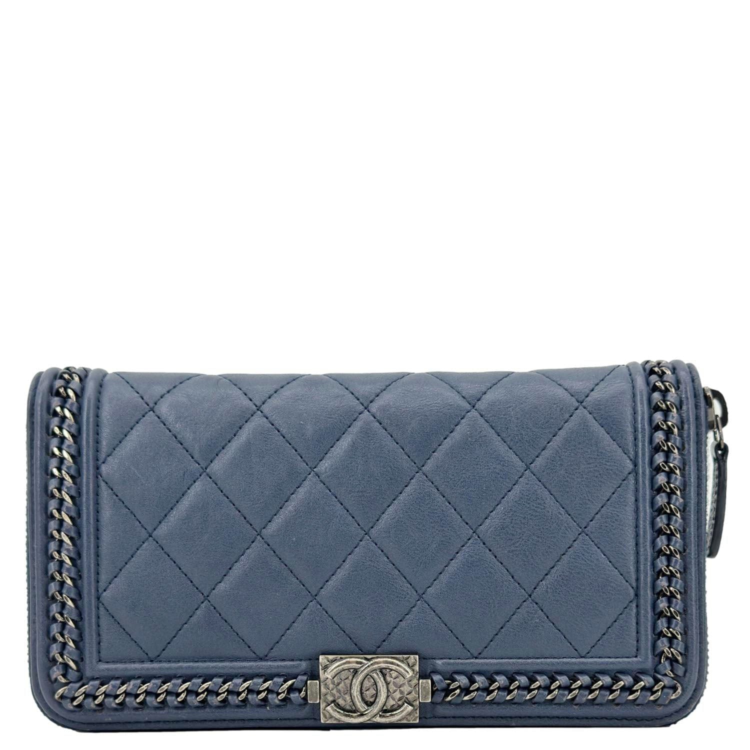 Chanel Boy Quilted Calfskin Leather Zip Around Wallet Blue