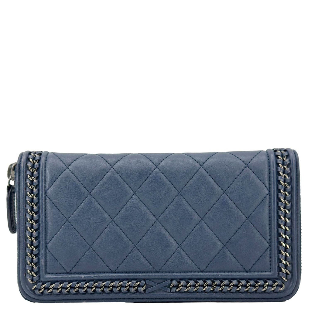Chanel Boy Quilted Calfskin Leather Zip Around Wallet Blue